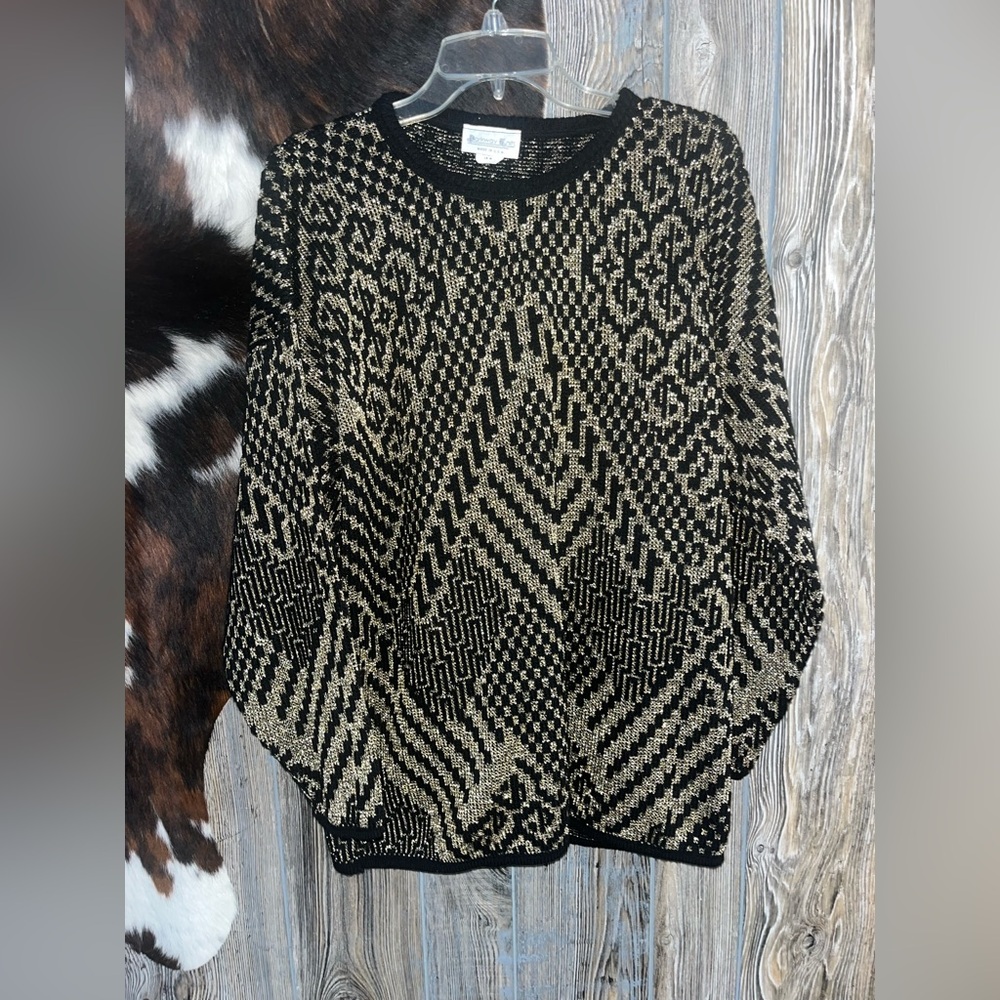 VTG Parkway Knits size 18W black and gold knit acrylic crewneck scoop sweater